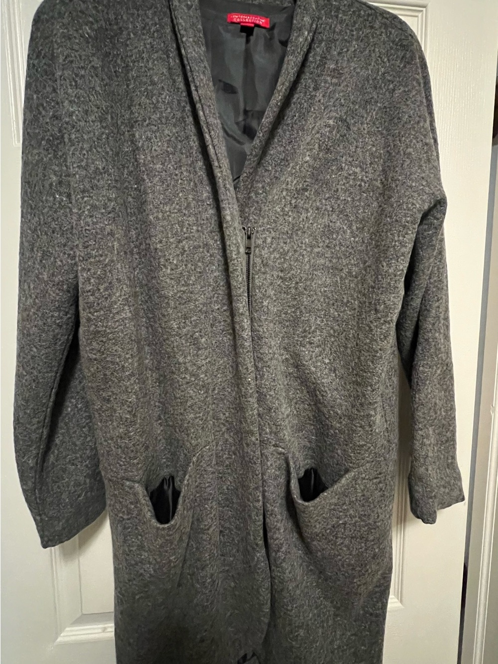 Gray Long Wool-Blend Zip Coat